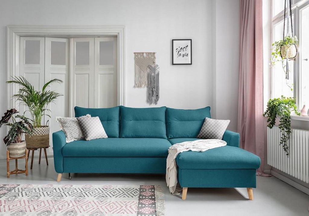 MIUFORM Stylish Stan - Ecksofa mit Bettfunktion und Bettkasten L-FORM RECHTS - 224x148cm - Türkis - Sofa Schlafsofa Couch