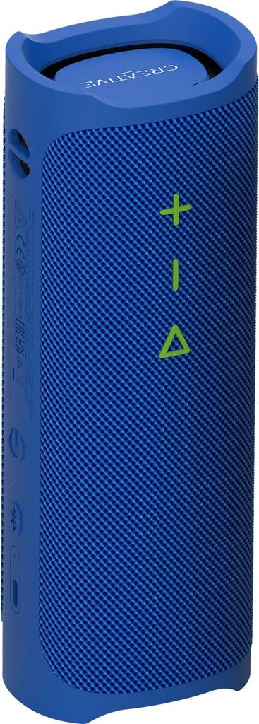 A blue portable Bluetooth speaker.