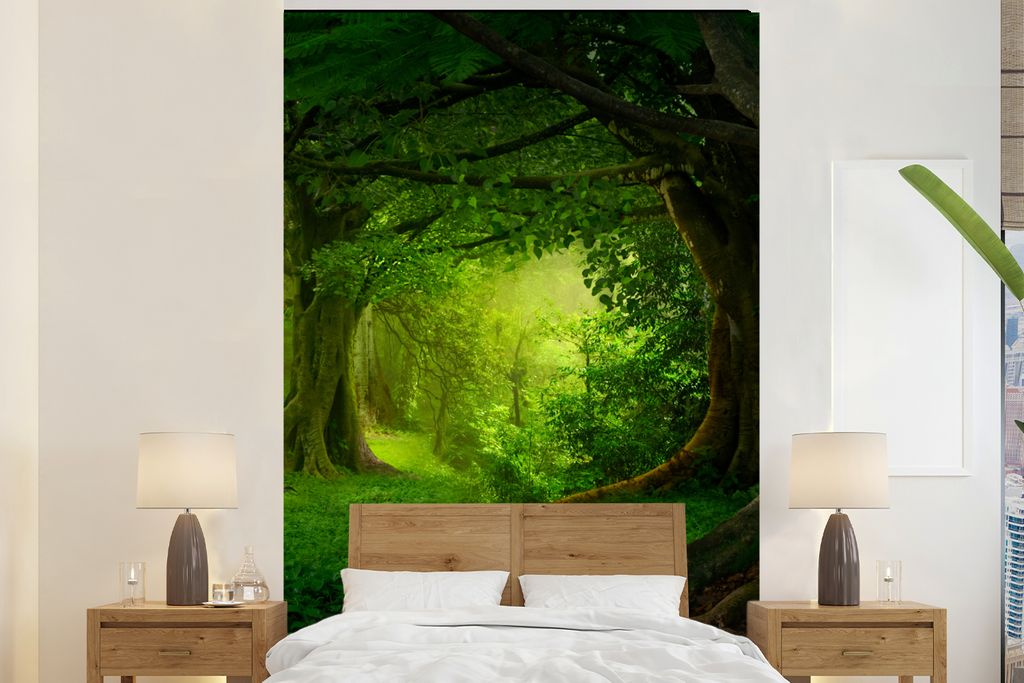 MuchoWow Fototapete für Wohnzimmer oder Schlafzimmer Wandtapete Vinyl Motivtapete Bäume - Wald - Grün - Landschaft - Natur - 200x300 cm - Wand...