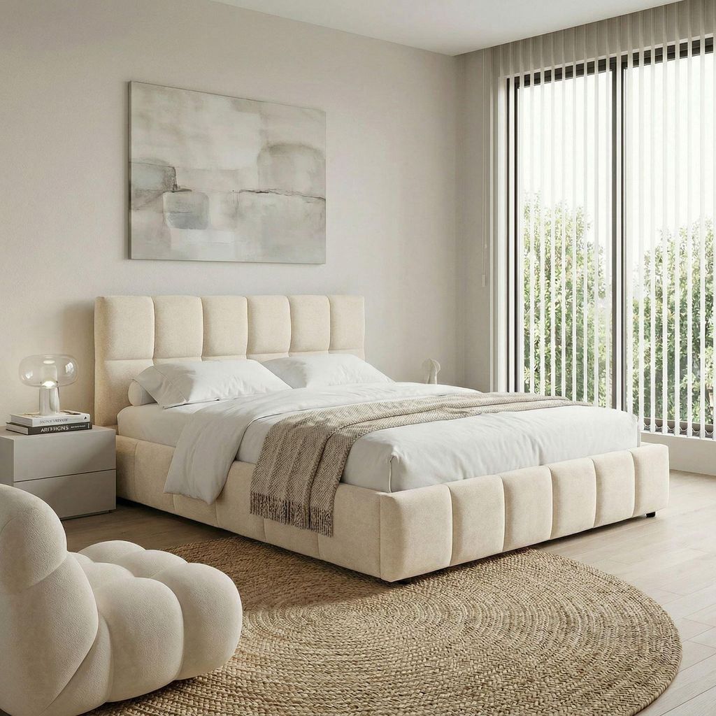 Polsterbett EMILIA 180x200 cm, Cremeweiß - Bett mit Lattenrost, Bettgestell mit gepolstertem Kopfteil, Stoffbett mit moderner Steppung, Modernes D...
