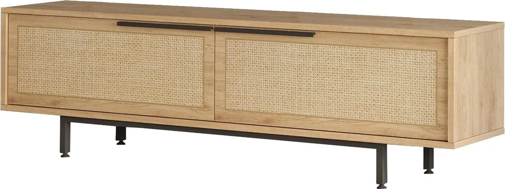 Banc TV noyer 160x36 cm - Meuble bas salon avec rangement 2 portes