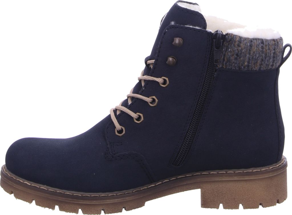 Side view of a single blue boot against a white background.