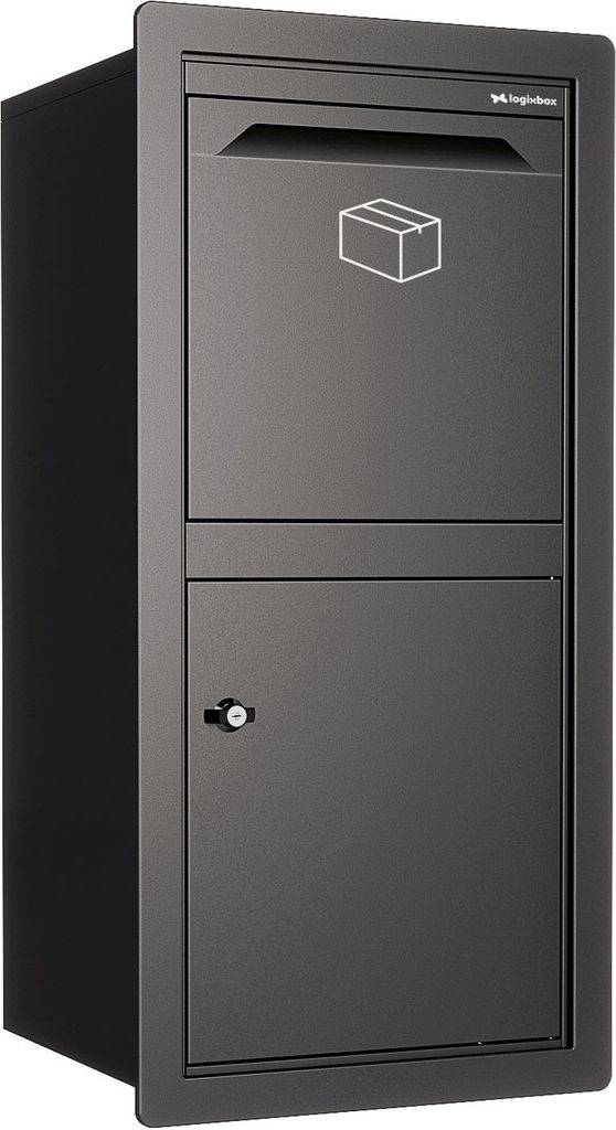 A dark gray built-in parcel box with a package icon and a lock.