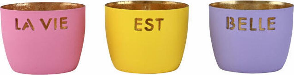 Gift Company Windlicht Madras La vie est belle XS, 3er Set, Teelichthalter, Kerzenhalter, Eisen, Rosa / Gelb / Lila, H 4.5 cm, 1170802020
