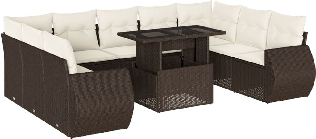 10-tlg. Garten-Sofagarnitur mit Kissen Braun Poly Rattan