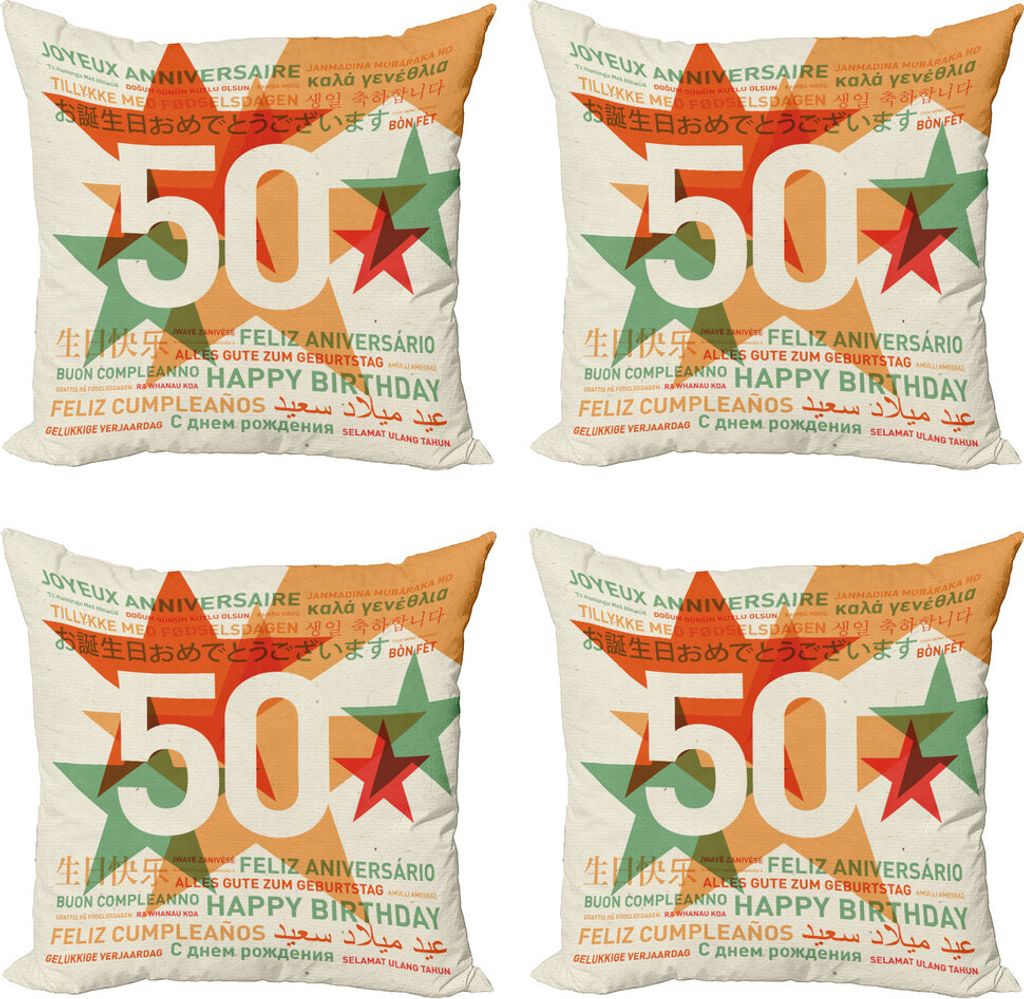 ABAKUHAUS 50. Geburtstag Kissenbezug Set (4 Stück), Sprachen Celebration, Moderner Doppelseitiger Digitaldruck, 50 cm x 50 cm, Grün Rot Orange