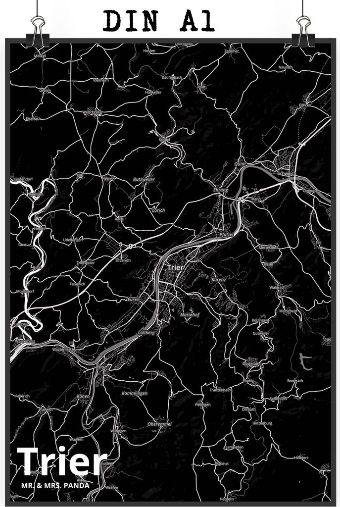 Mr. & Mrs. Panda Bild Trier DIN A1 - Geschenk, Poster, Wandbild, Stadt Dorf Karte Landkarte Map Stadtplan, kunstdruck, Plakat, drucke