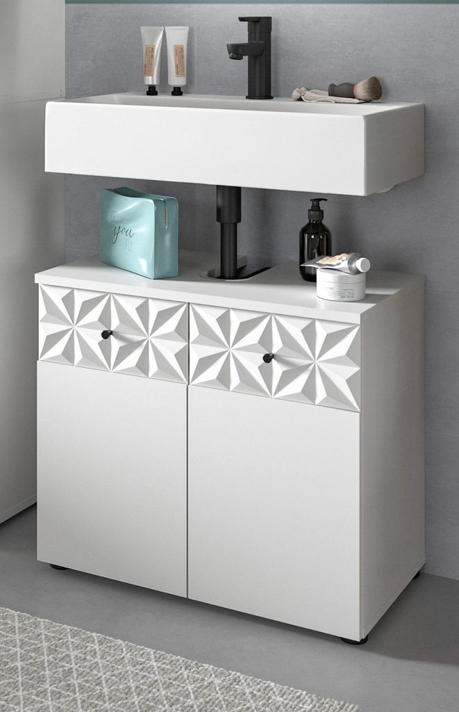 Waschbeckenunterschrank "Relief" in weiß Hochglanz mit 3-D Produktbild 