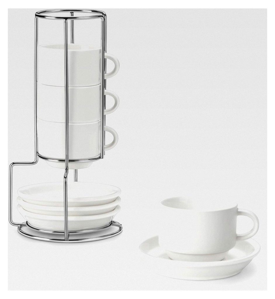 Espressotassen Set, 75 ml Dickwandige Tassen mit Untertassen & Ständer, Stapelbare Italienische Espressobecher aus Weißem Porzellan, Spülmaschin...