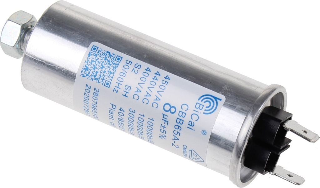 A silver cylindrical capacitor with black connectors and a label with product information.