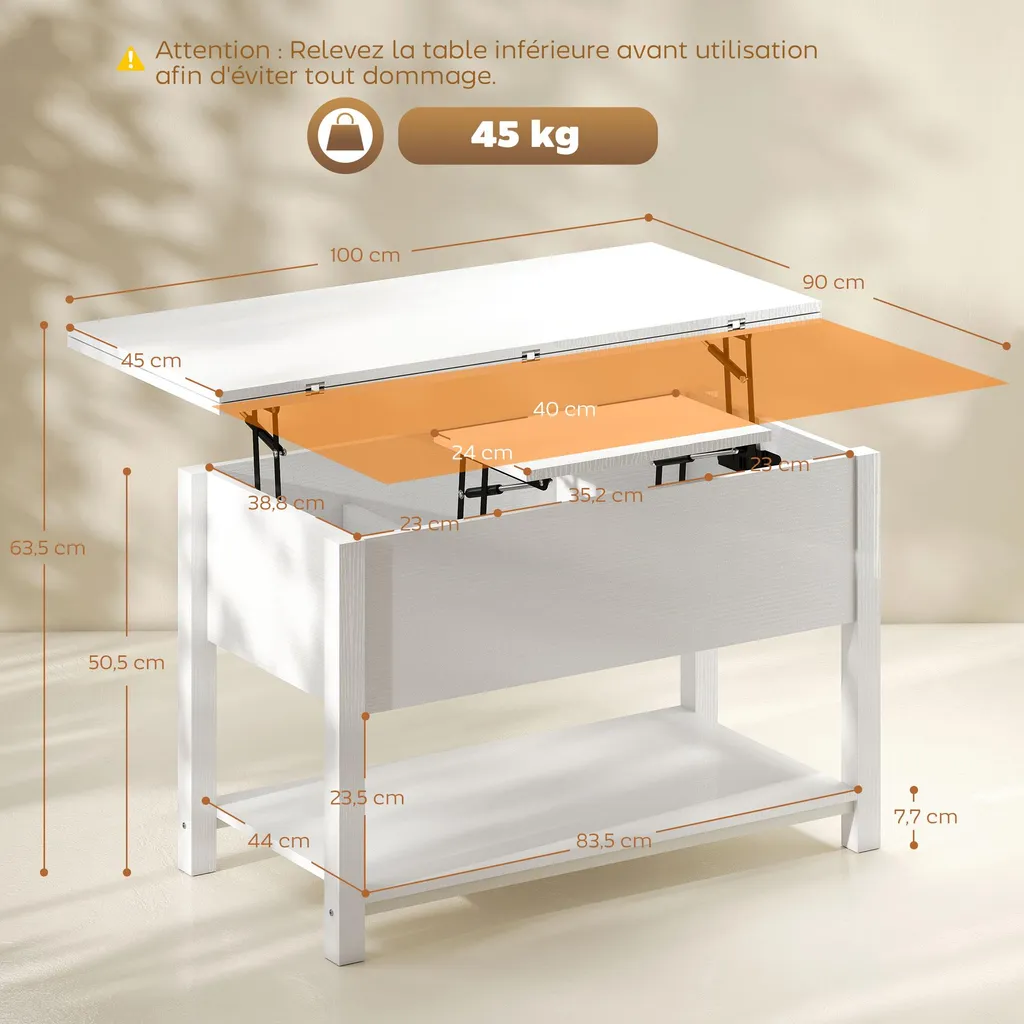 HOMCOM Table basse relevable et extensible en blanc, 100x45x50,5 cm - 3