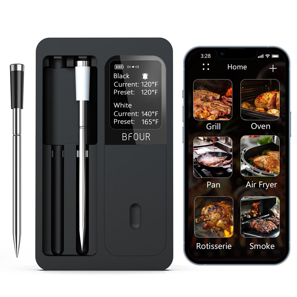 Fleischthermometer Kabelloses Bluetooth mit 2 Sonden, LCD-Display, APP-Steuerung, Grillthermometer für BBQ, Grill, Smoker, Ofen, Küche,BF-40