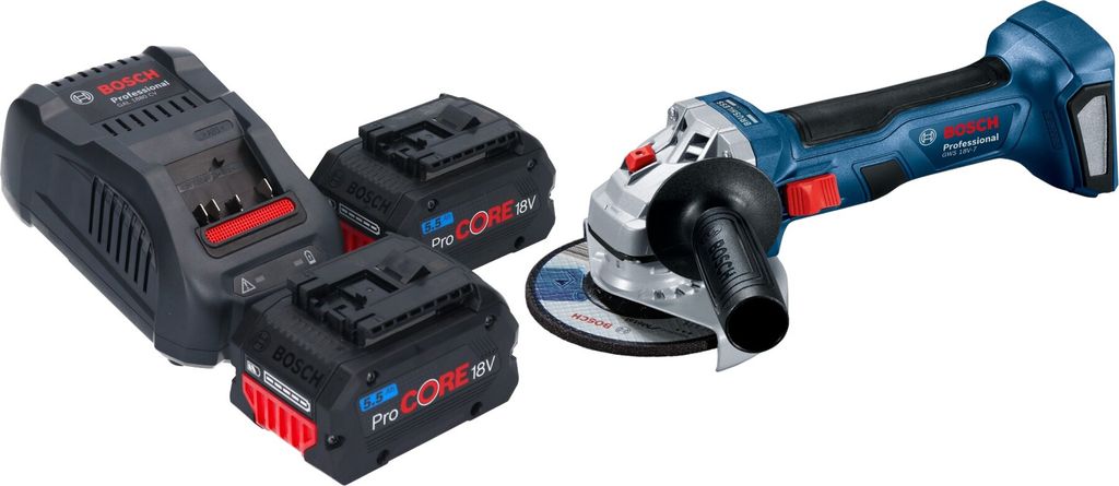 Bosch GWS 18V-7 Professional Akku Winkelschleifer 18 V 115 mm Brushless + 2x ProCORE Akku 5,5 Ah + Ladegerät