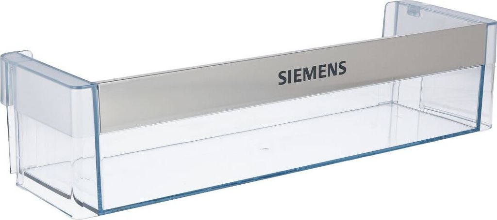 A clear plastic refrigerator shelf with a silver metal strip across the front. The Siemens logo is printed on the metal strip.