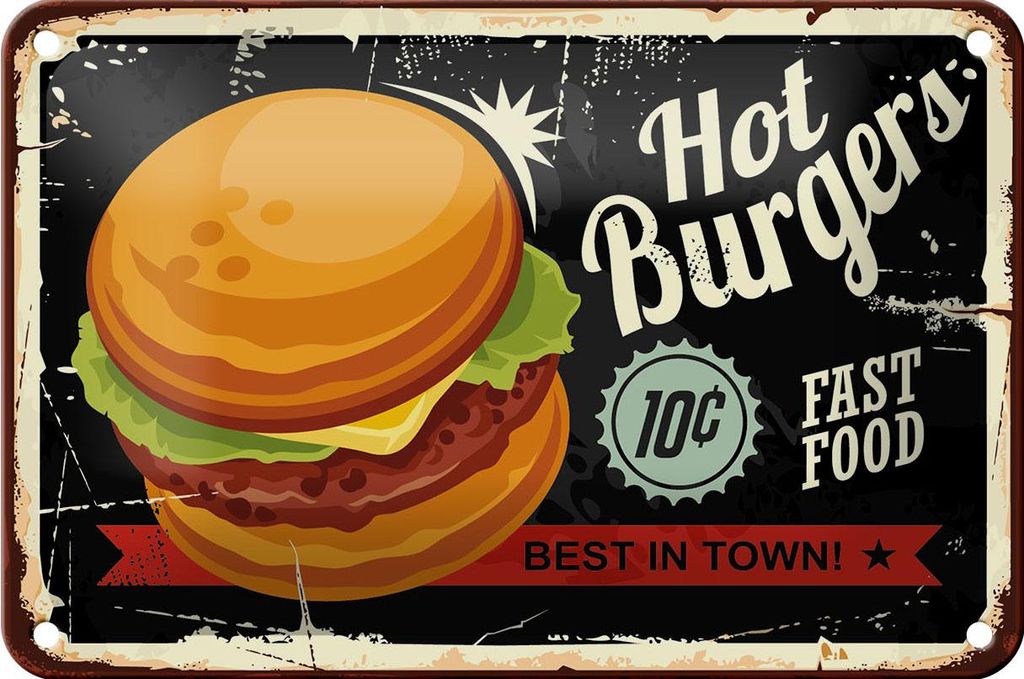Blechschild Retro 18x12cm hot burgers best in town