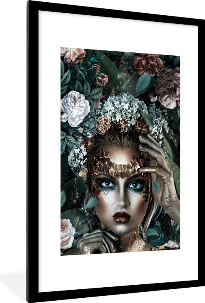 MuchoWow MuchoWow Gerahmtes Poster Silber - Frau - Blumen 60x90 cm - Poster mit zchwarzem Bilderrahmen - Dekoration - Wandposter Wohnzimmer - H...
