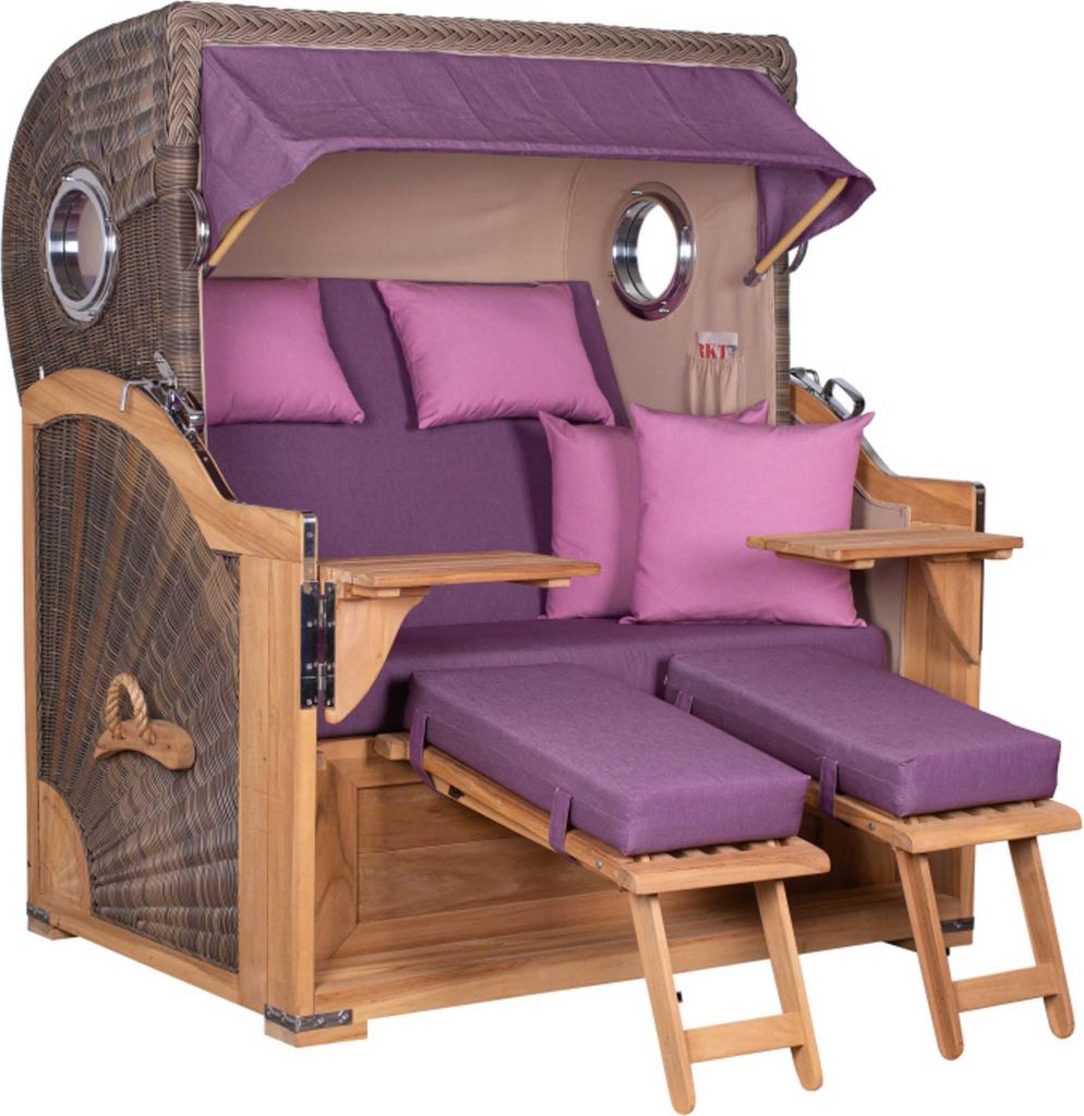 Strandkorb Baltikum Teak PE Grey 2,5 Sitzer Volllieger mit Bullaugen