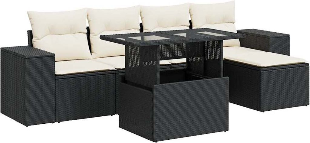 6-tlg. Garten-Sofagarnitur mit Kissen Schwarz Poly Rattan