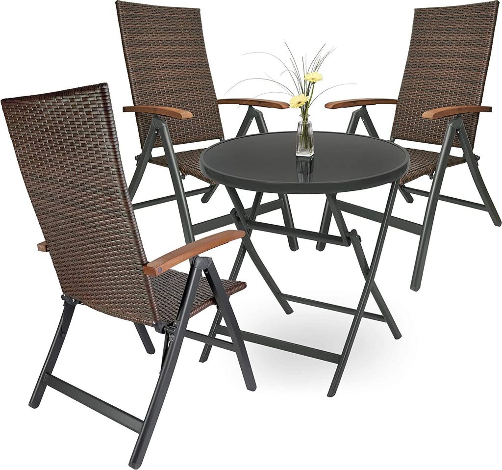 Brubaker Garten Sitzgruppe Modena - 1 Glastisch Klapptisch rund 70 cm Ø mit 3 Polyrattan Stühlen - Wetterfest - Braun/Anthrazit