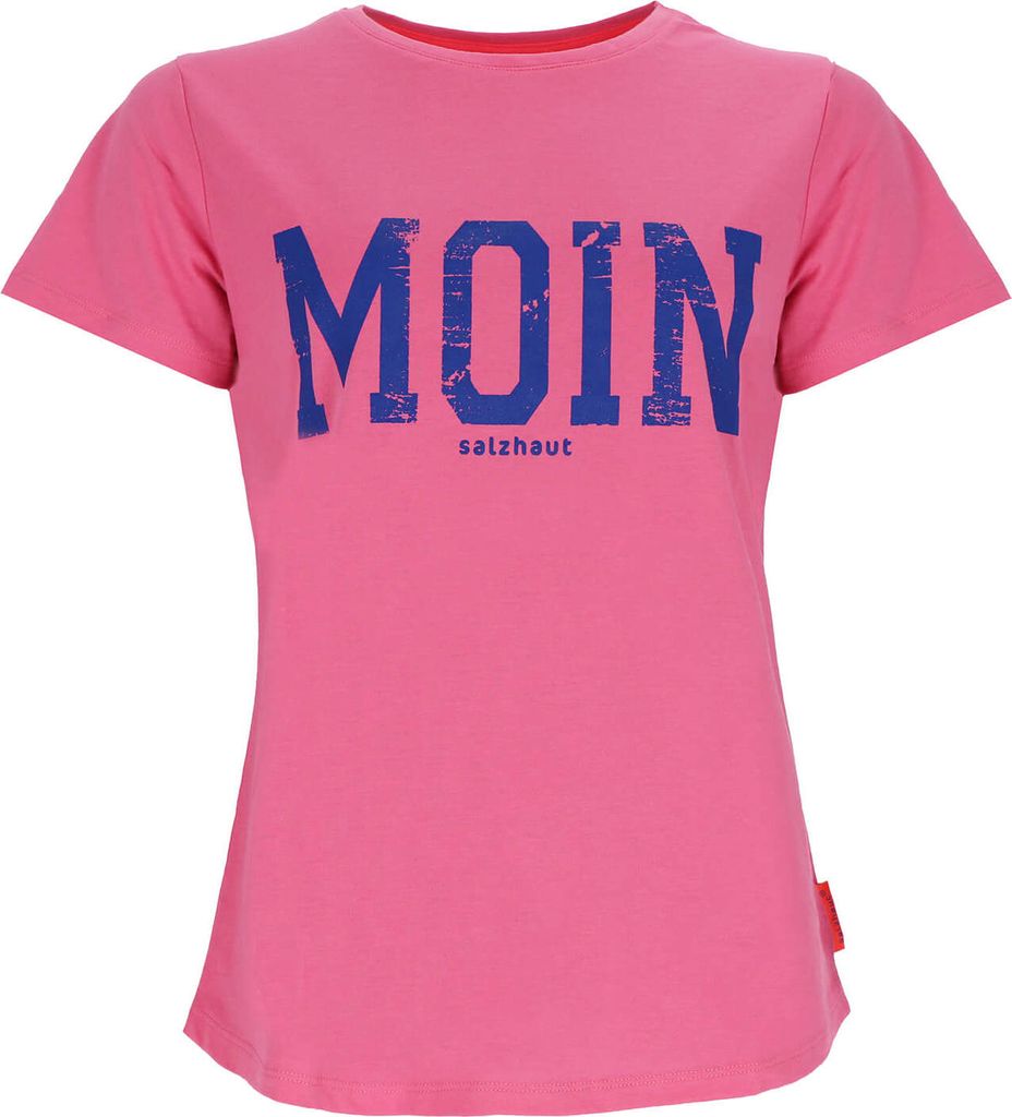 Salzhaut Damen T-Shirt Steentje mit Moin-Print - Modisches Kurzarm-Shirt mit Rundhalsausschnitt in Blossom-Navy Größe L