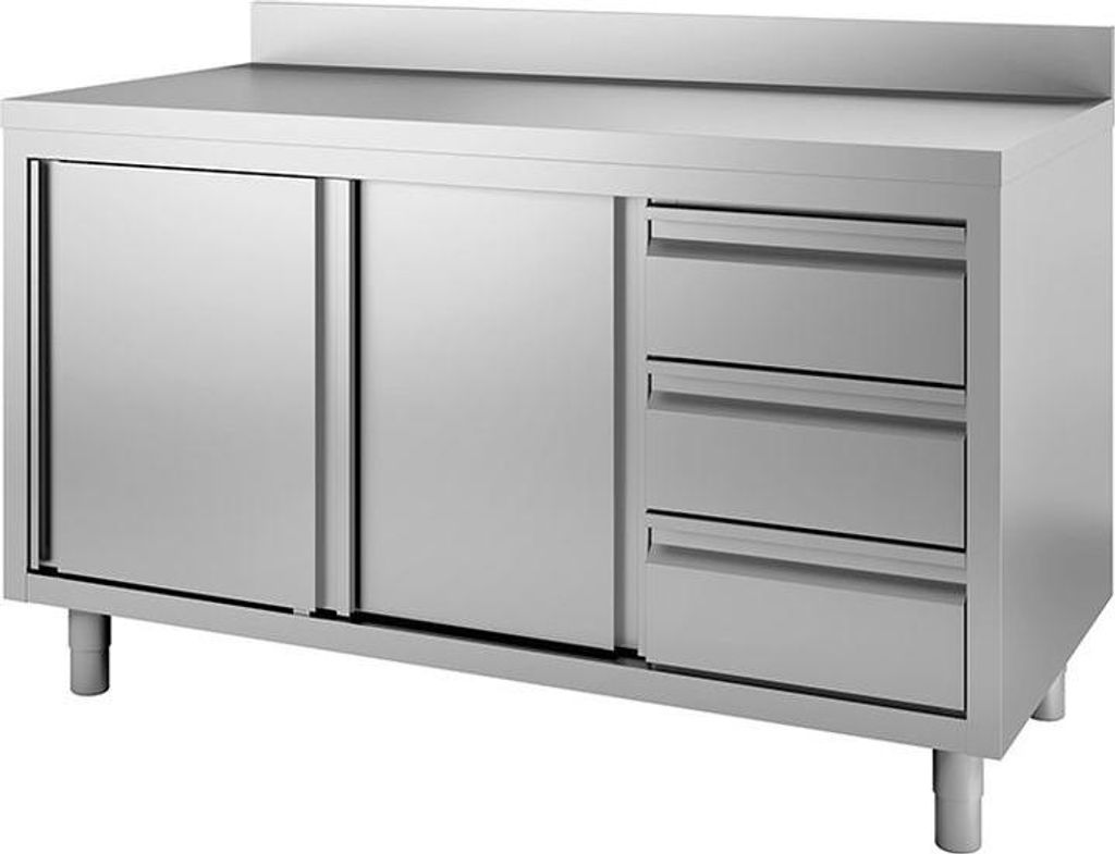 Arbeitsschrank aus Edelstahl mit Schiebetüren, 3 Schubladen und Aufkantung , 1500(L)x700(T)x880(H)mm