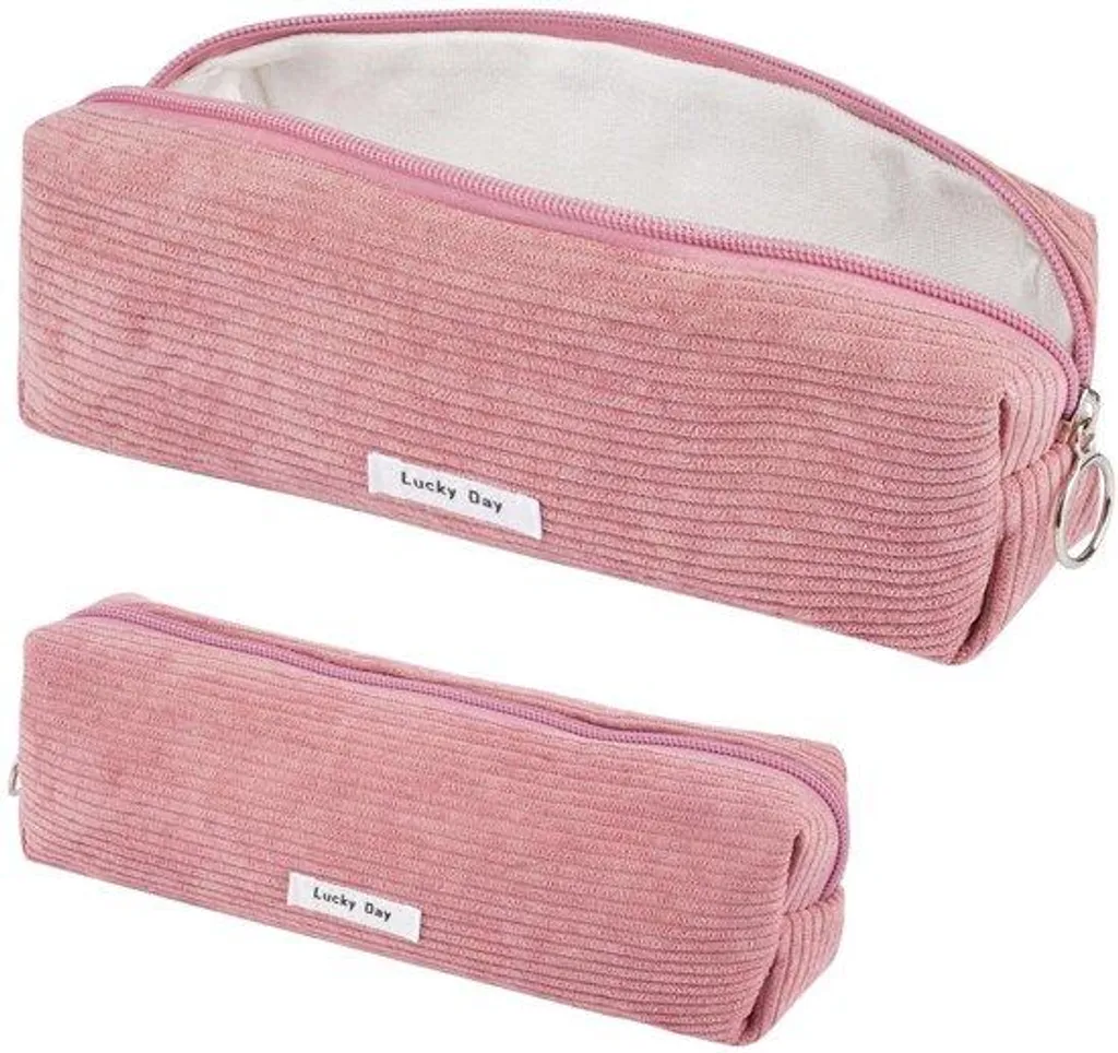 Trousse velours rose à larges côtes - Grand compartiment stylos fille