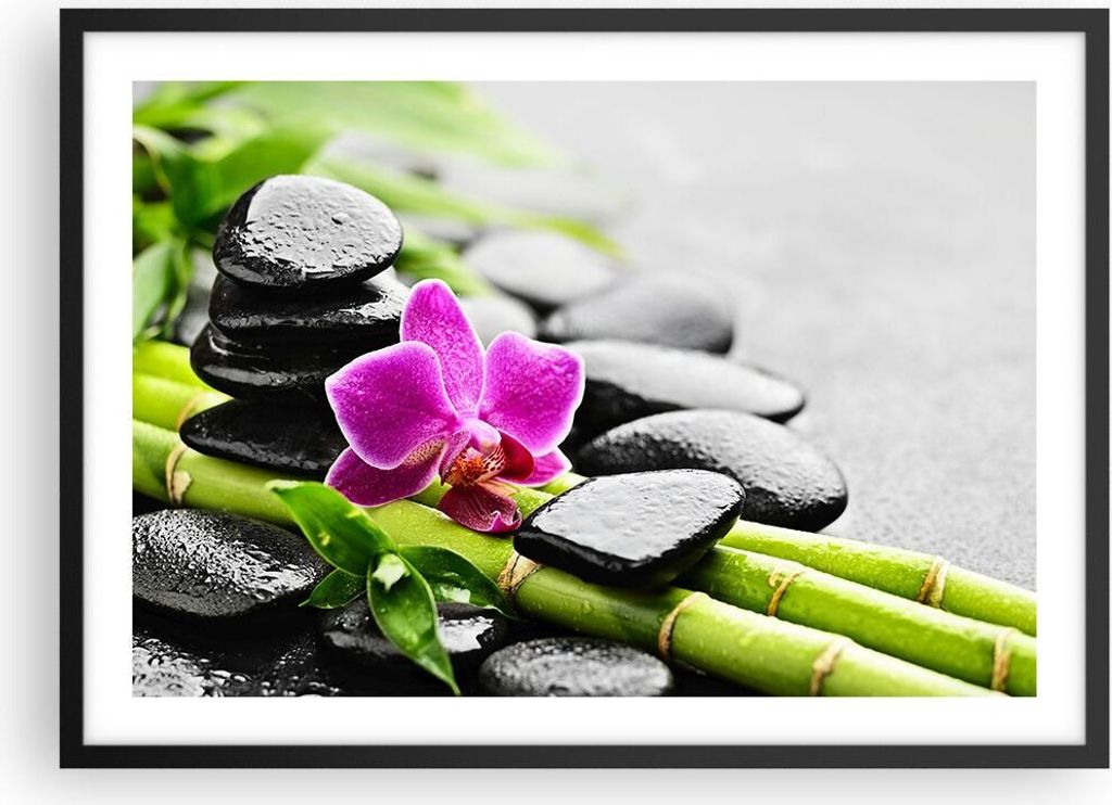 Gerahmtes Poster - Schwarzer Rahmen - Pflanze Steine Bambus Spa - 70x50 cm - Wand Bild - Wanddeko - Wandbilder - Wandposter - Bilderrahmen - Bilder...