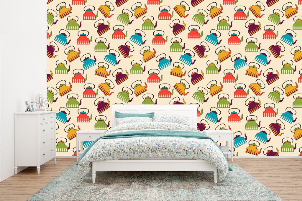 MuchoWow Fototapete für Wohnzimmer oder Schlafzimmer Wandtapete Vinyl Motivtapete Design - Retro - Teekanne - Farben - 435x260 cm - Kinderzimmer