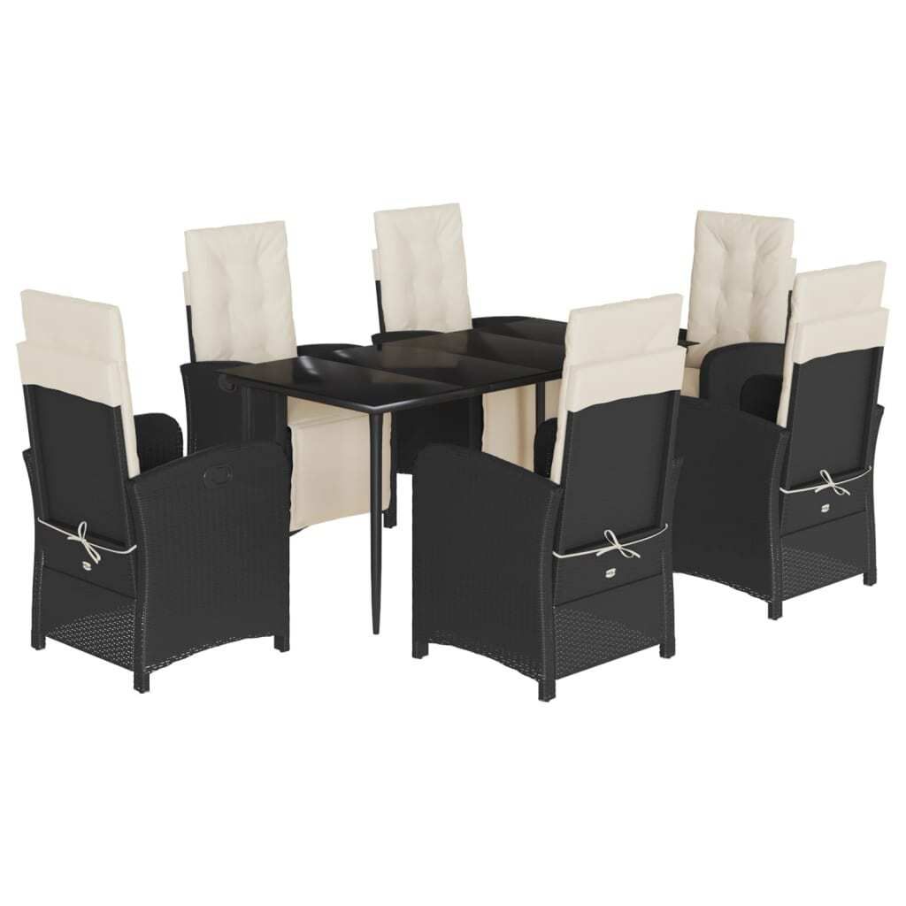 7-tlg. Garten-Essgruppe mit Kissen Schwarz Poly Rattan