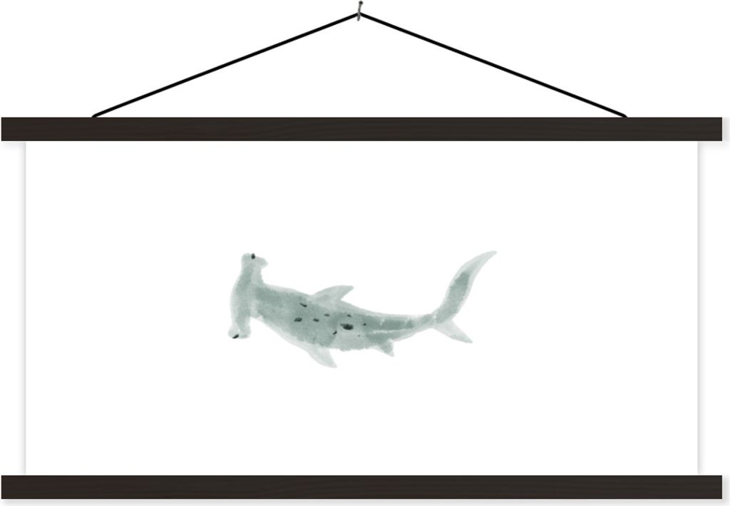 MuchoWow Textilposter Hai - Meer - Aquarell 150x75 cm mit schwarzem Rahmen - Posterleiste