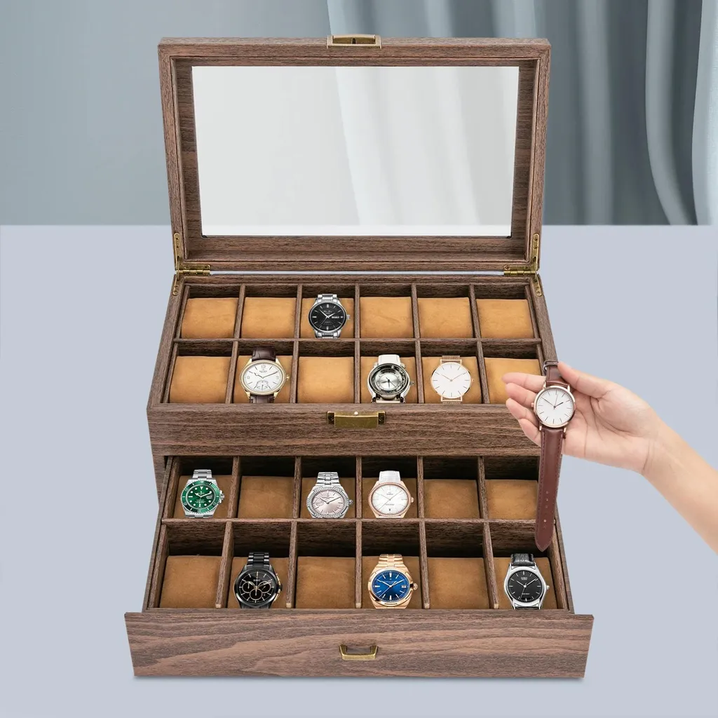 Boîte à montres marron en résine synthétique avec 24 compartiments