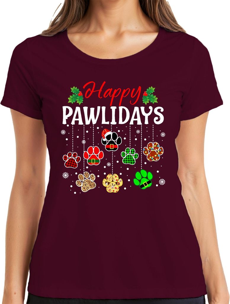 Happy Pawlidays Hunde Katzen Weihnachten Pfoten Geschenk Lustig Damen T-Shirt, Burgundy, 3XL