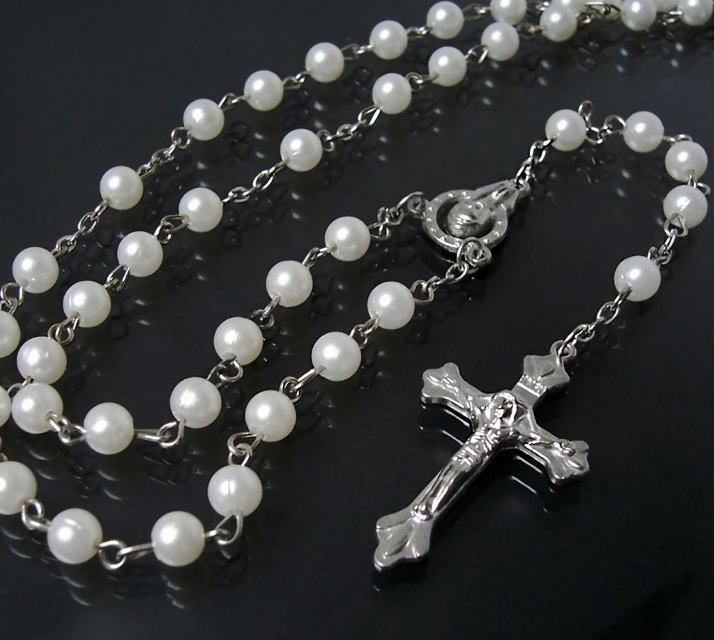 Rosenkranz Perlenkette mit Maria und silbernem Kreuz Anhänger Taufe-Kommunion 