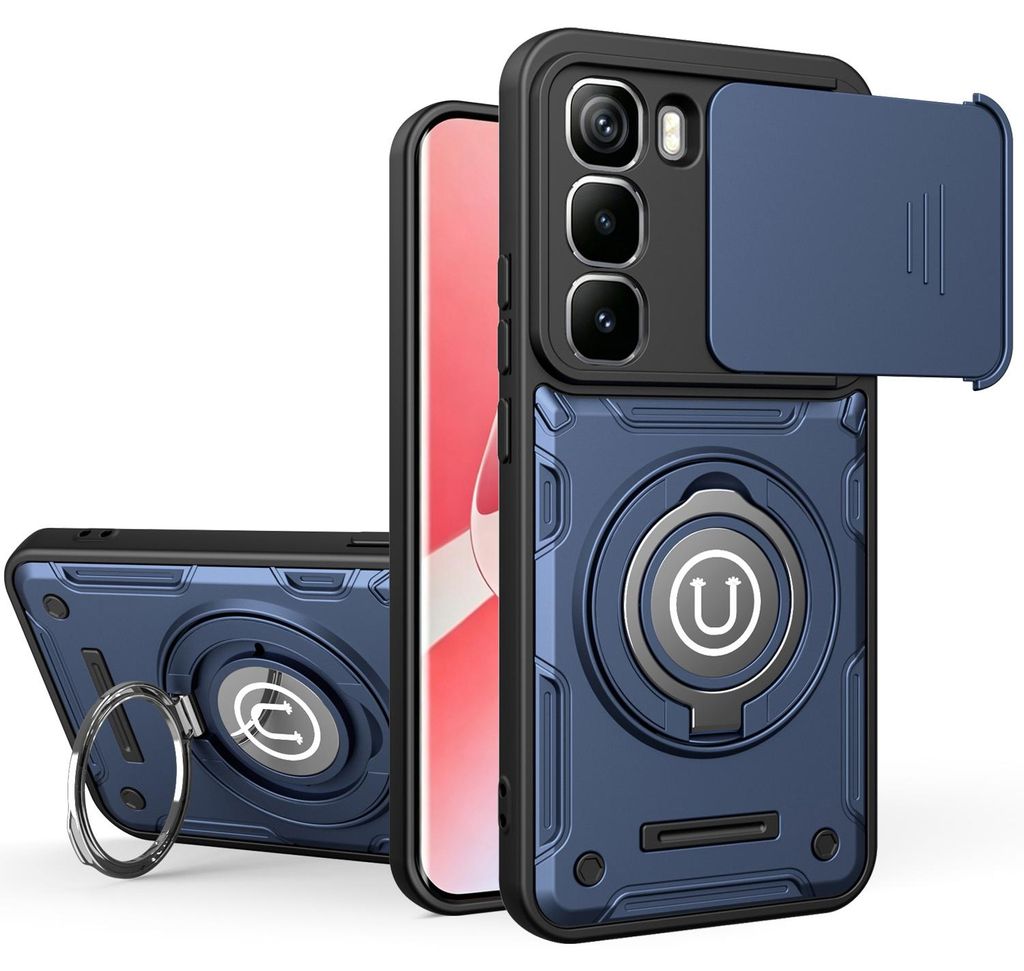 Magnetische Handyhülle für Infinix Hot 60i 4G / Hot 60 5G mit Kameraschutz Schieber, Ringhalter und Ständer, Stoßfeste Hülle Blau