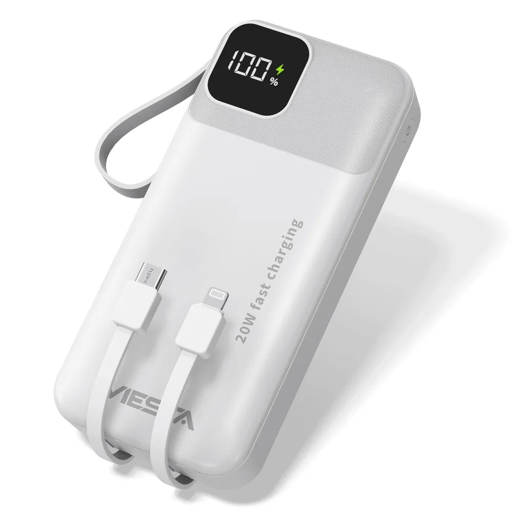 Power Bank 20000mAh avec Câbles Intégrés et Écran LCD Blanc VIESTA