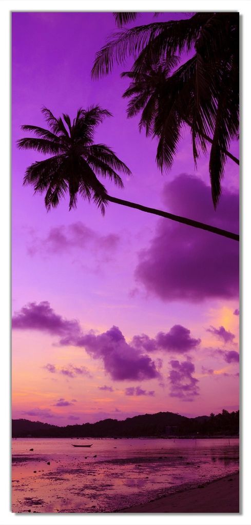 Wallario selbstklebende Türtapete 93 x 205 cm mit Schutzlaminat - Sonnenuntergang unter Palmen Himmel in lila und orange