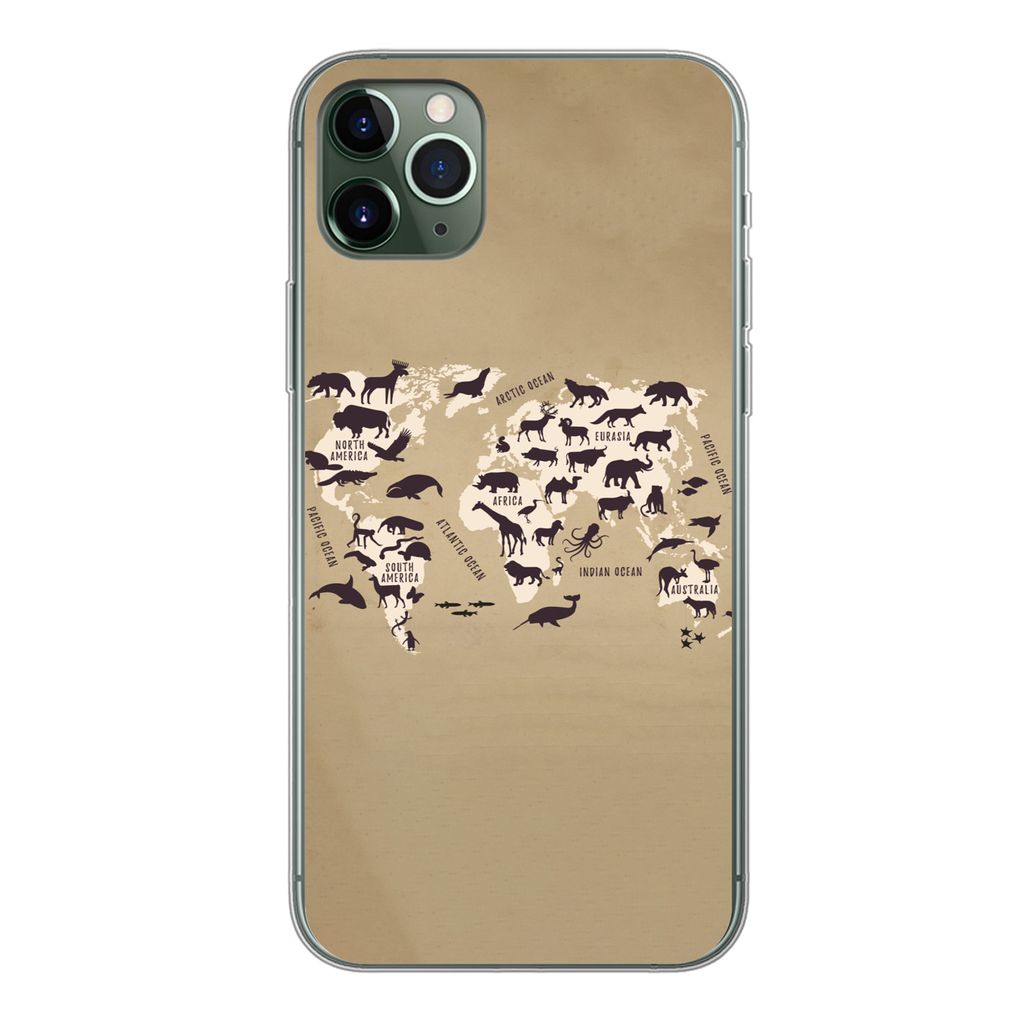 MuchoWow Handyhülle Schutzhülle Hülle für iPhone 11 Pro Max Weltkarte - Tiere - Braun Silikon Softcase Handy Hülle - Schutz