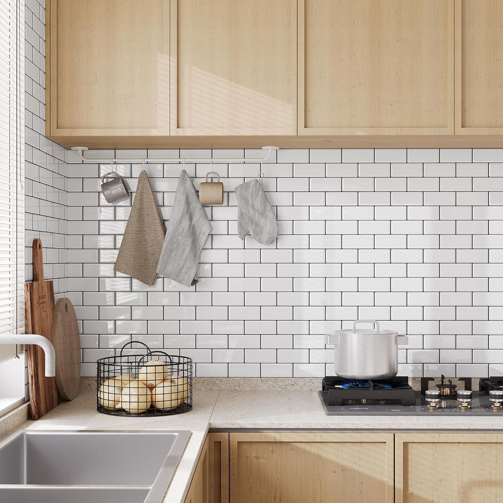 Yoillione 3D selbstklebende Fliesen weiß mit schwarzer Fuge für Küche und Bad 10 Blatt