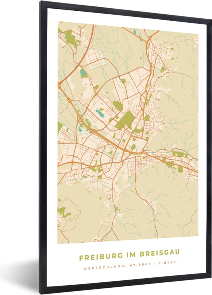 MuchoWow Gerahmtes Poster Freiburg im Breisgau - Karte - Stadtplan - Vintage - Karte 20x30 cm - Poster mit Schwarzem Bilderrahmen Wandposter Rahm...