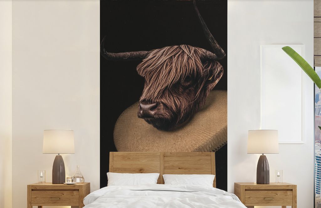 MuchoWow Fototapete für Wohnzimmer oder Schlafzimmer Wandtapete Vinyl Motivtapete Schottischer Highlander - Halsband - Tierkopf - 120x240 cm - H...