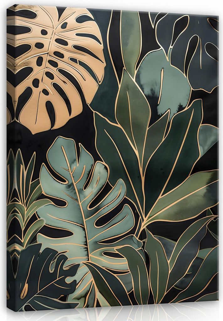 Bilder Blätter Grün Gold Natur 60x40 cm XXL Canvas Bild auf Leinwand Leinwandbilder Leinwandbild Wandbilder Wohnzimmer Schlafzimmer