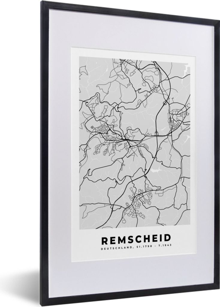 MuchoWow Gerahmtes Poster Karte - Stadtplan - Deutschland - Remscheid - Karte 40x60 cm - Poster mit Schwarzem Bilderrahmen Wandposter Rahmen Foto...