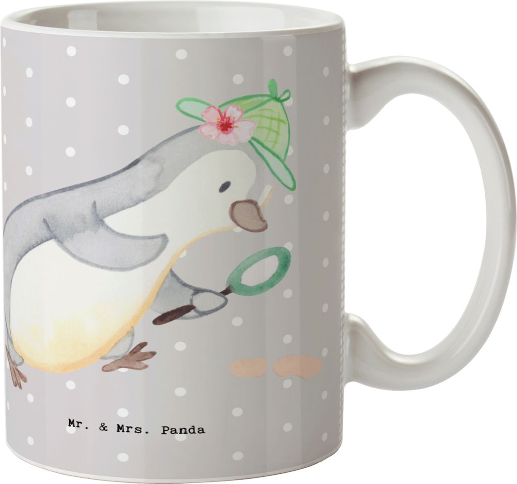 Mr. & Mrs. Panda Teetasse Detektivin Herz - Grau Pastell - Geschenk, Spurensuche, Suche, Tasse, Pott, Verdächtig, Agentin, schöne, Privatdetektei...