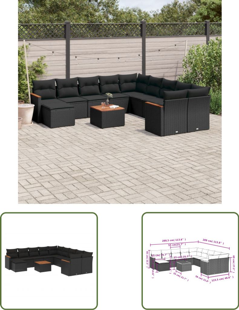 The Living Store 12-tlg. Garten-Sofagarnitur mit Kissen Schwarz Poly Rattan