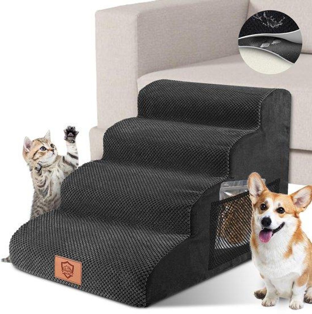 Hundetreppe 4-stufig, Hochdichtschaum, Antirutsch, Schwarz, für Sofa & Bett