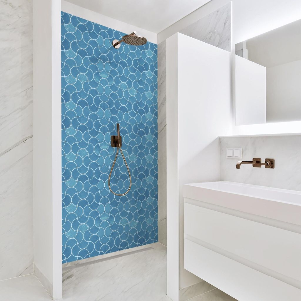 Duschrückwand mit Motiv selbstklebend - 0.35 mm Wandpaneel wasserfest Design blau Fliesenoptik Vintage Badrückwand fugenlos Smart matt 80x210 cm
