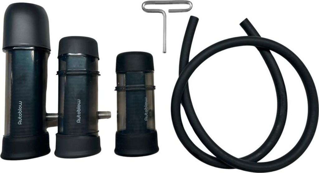 Three black cylindrical objects of varying sizes, a metal tool, and a black hose are arranged on a white background.
