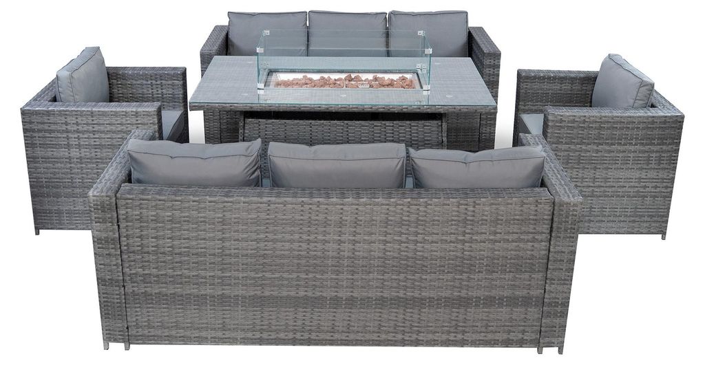 Rattan Gartenmöbel 8-Sitzer Grau Polyrattan 3-Sitzer Sofas Sessel Gas Feuerstellen Esstisch 5-teilig Outdoor UV-beständig Dicke Kissen Regenabdec...
