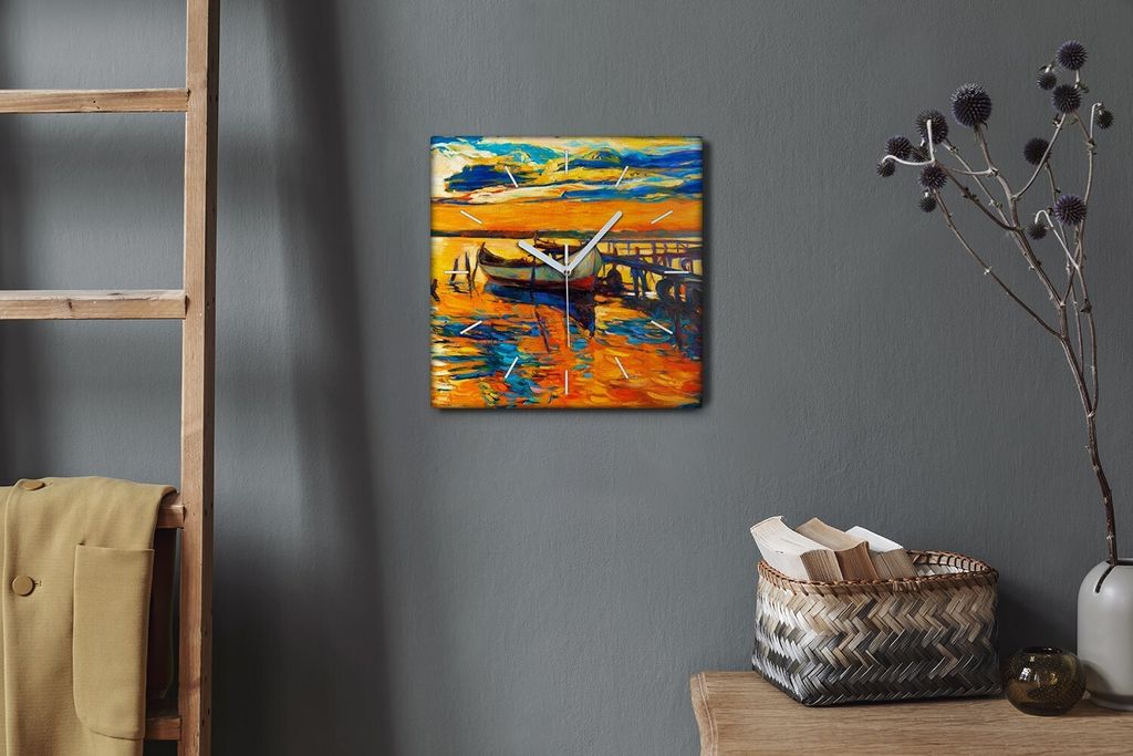 Coloray Hodiny Unikátní 30x30 cm Tiché hodiny Pro obývací pokoj a kuchyň Nástěnné hodiny Plátno Bílé ručičky hodin - Boot Sunset