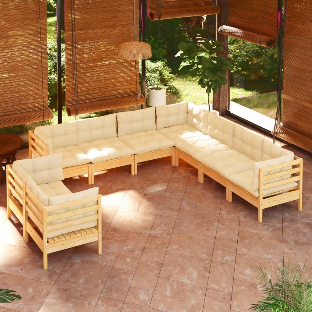 Maison Exclusive - 9-tlg. Garten-Lounge-Set mit Creme Kissen Massivholz Kiefer